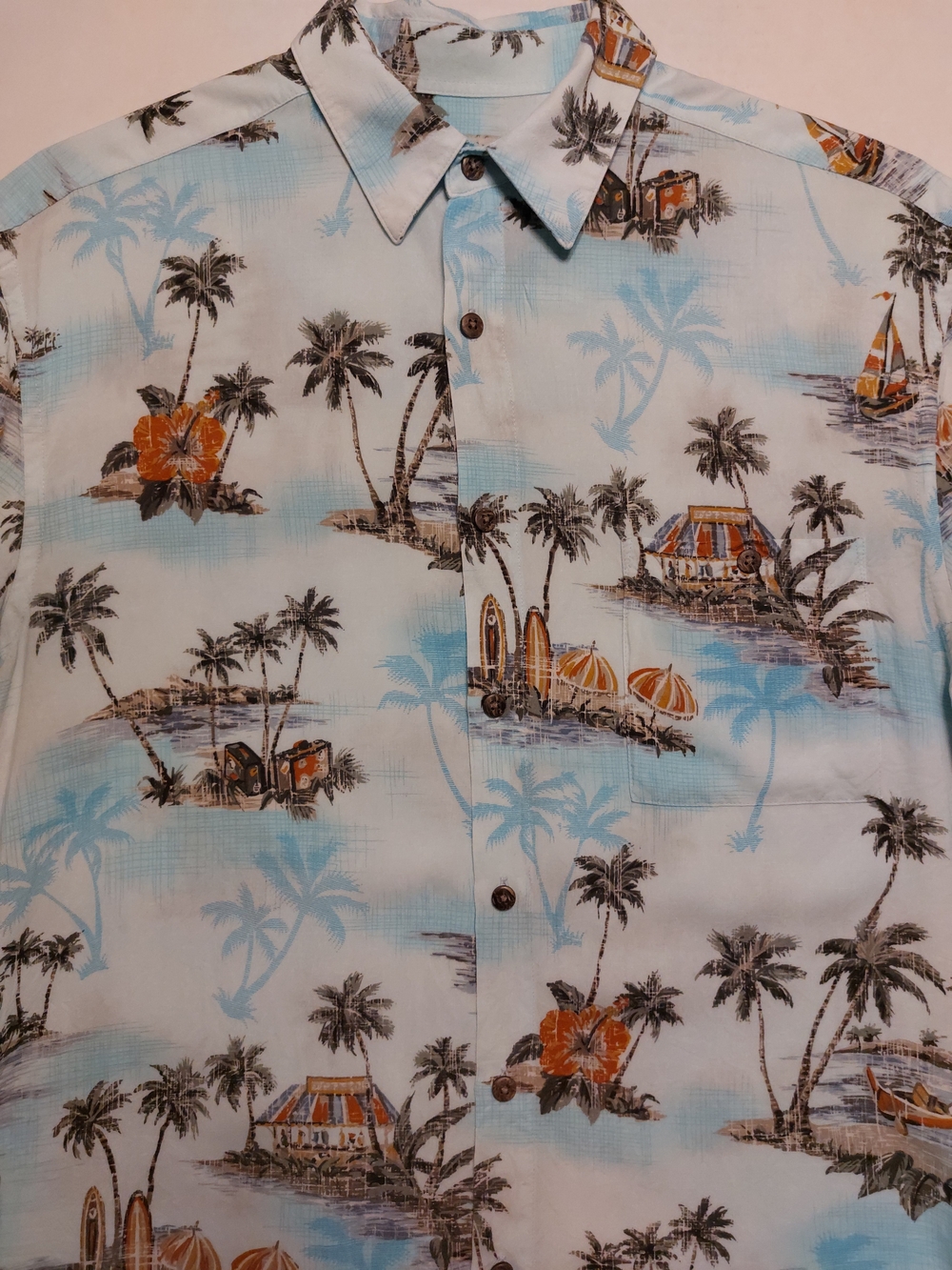 Casual Light Blue Tropical Print Short-Sleeve Button-Down Shirt